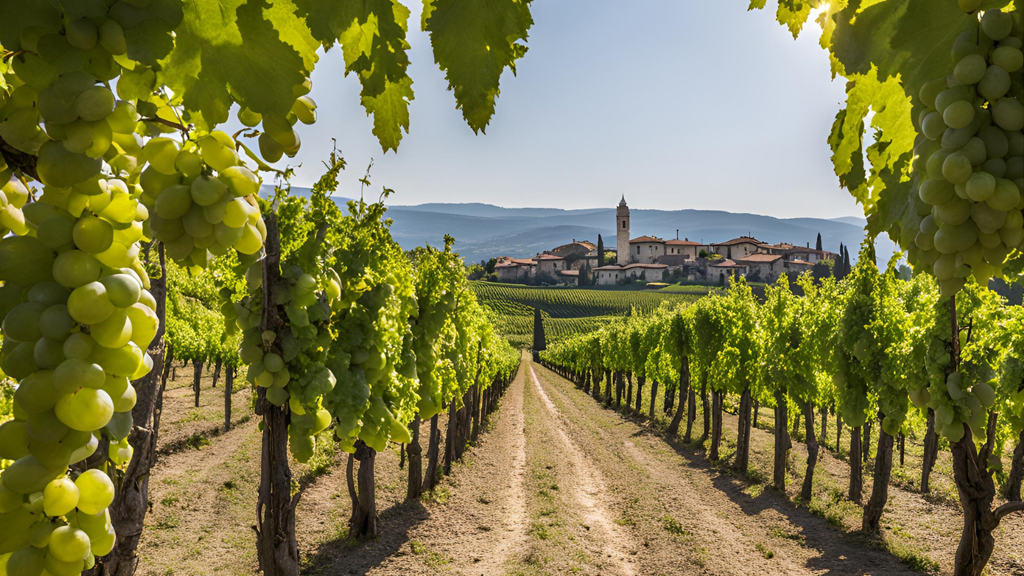 vigna della Valpolicella con uve bianche e borgo sullo sfondo