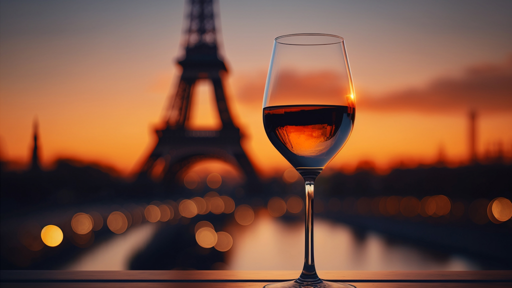 calice di vino al tramonto con la torre Eiffel sullo sfondo